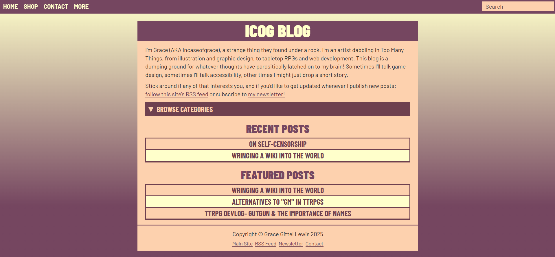 Screenshot of a blog website in purple and yellow tones.